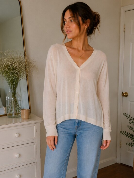 Anthropologie Sweaters - Lightweight Sheer Ivory V-Neck Button Cardigan/Blouse/Top Size Medium/Large